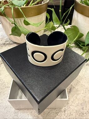 Chanel Black Ivory Resin CC Logo Cuff Bracelet Statement Bangle
